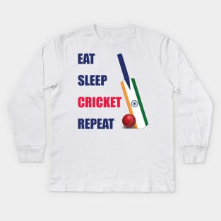 Eat Sleep Cricket Repeat India Flag Cricket Bat Kids Long Sleeve T-Shirt